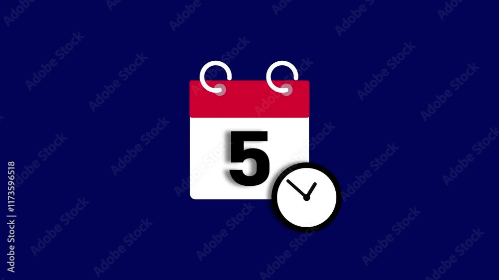 5 dates on the calendar page animation. Wall Clock timer icon 4k video.