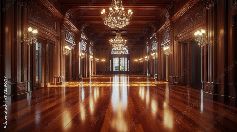 Naklejka premium Elegant ballroom with chandeliers and gleaming wooden floor in grand mansion.