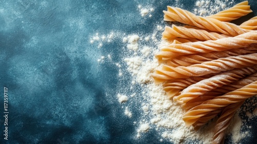Rustic twist pasta is arranged atop a floured, dark, textured background, creating a sense of nostalgia and homage to the roots of traditional culinary practices.