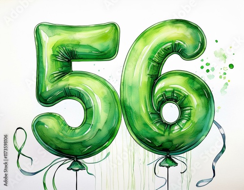 Green birthday / anniversary balloon, number 56, watercolor painting with white background photo