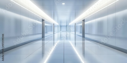 Futuristic white corridor with reflective floors and soft lighting.