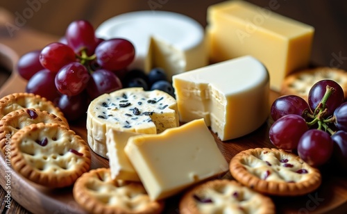 A selection of artisanal cheeses, including a creamy Camembert, a sharp cheddar, and a pungent blue cheese, displayed on a rustic wooden board. photo