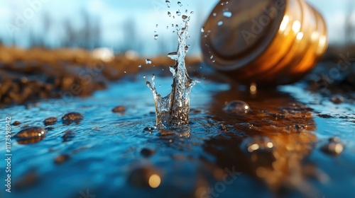 A dramatic splash of water erupts from an overturned barrel, sending droplets flying against a muddy background, capturing the force and motion of nature. photo