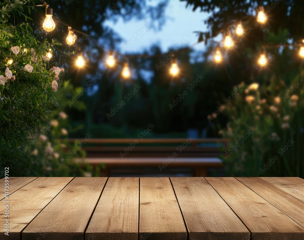 Wooden table with soft glowing lights in a garden during twilight showcasing a peaceful outdoor setting ideal for relaxation or gatherings Wooden table with soft glowing lights in a garden during twilight showcasing a peaceful outdoor setting ideal for relaxation or gatherings