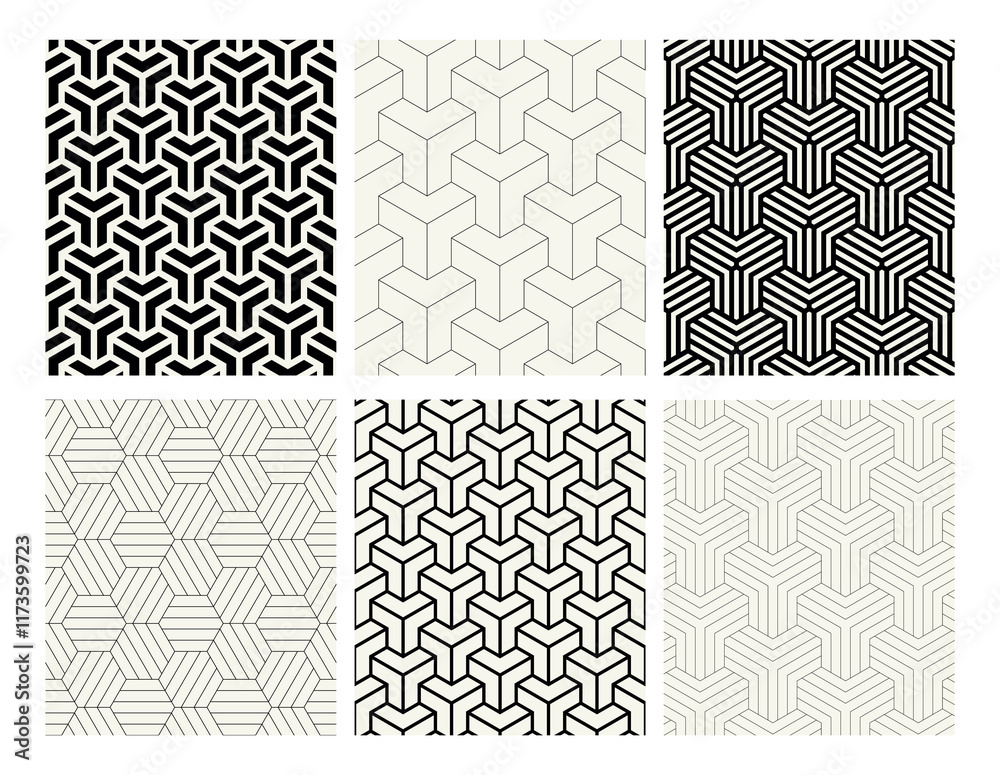 Fototapeta premium Vector seamless patterns set. Stylish linear ornaments. Geometric backgrounds with thin and bold hexagons. Regular monochrome swatches. Basic versatile tileable grids.
