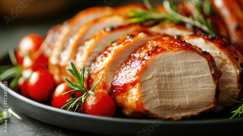 Sliced roasted chicken breast paired with cherry tomatoes and garnished with rosemary, presenting a colorful and succulent dinner option full of flavor and aroma. photo