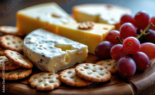 A selection of artisanal cheeses, including a creamy Camembert, a sharp cheddar, and a pungent blue cheese, displayed on a rustic wooden board. photo