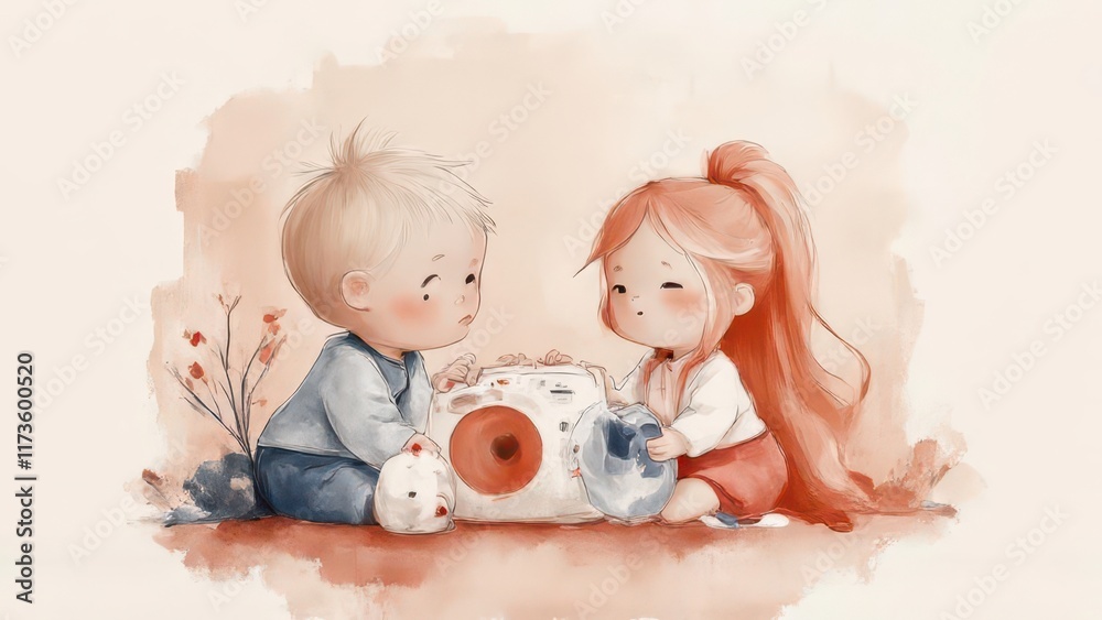 Children playing autumn outdoors, sharing toy. Children playing autumn outdoors, sharing toy.