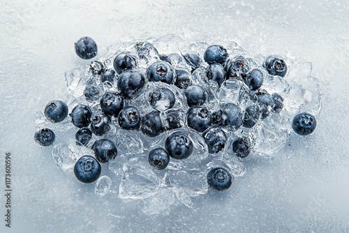 Fresh frozen blueberries on ice surface. photo