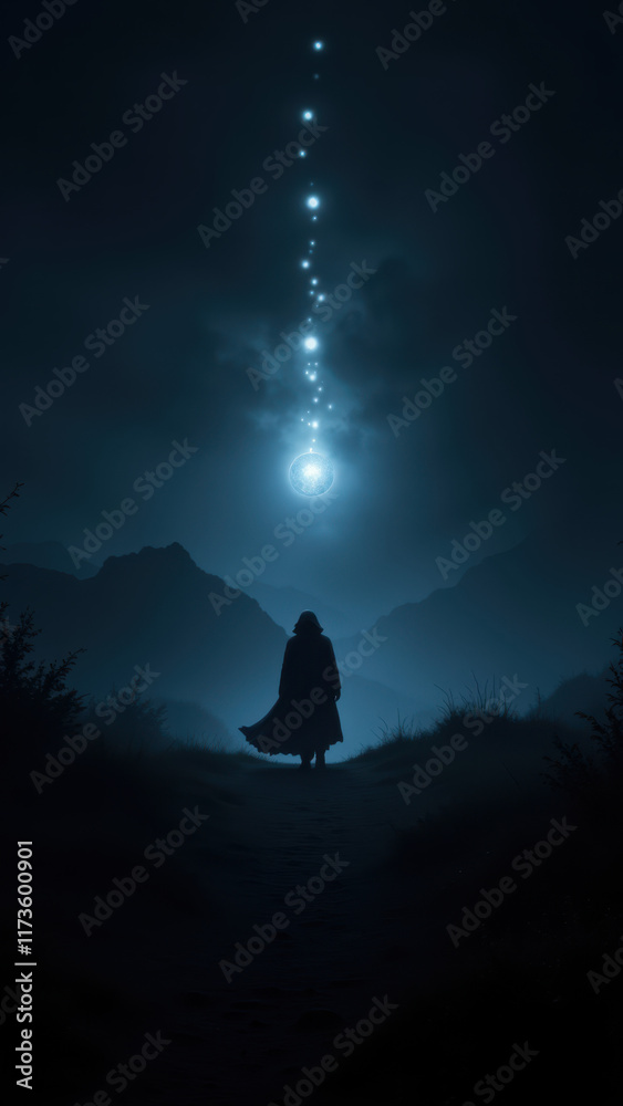 Fototapeta premium A lone figure walks towards an AI-themed landscape under a starry night sky.