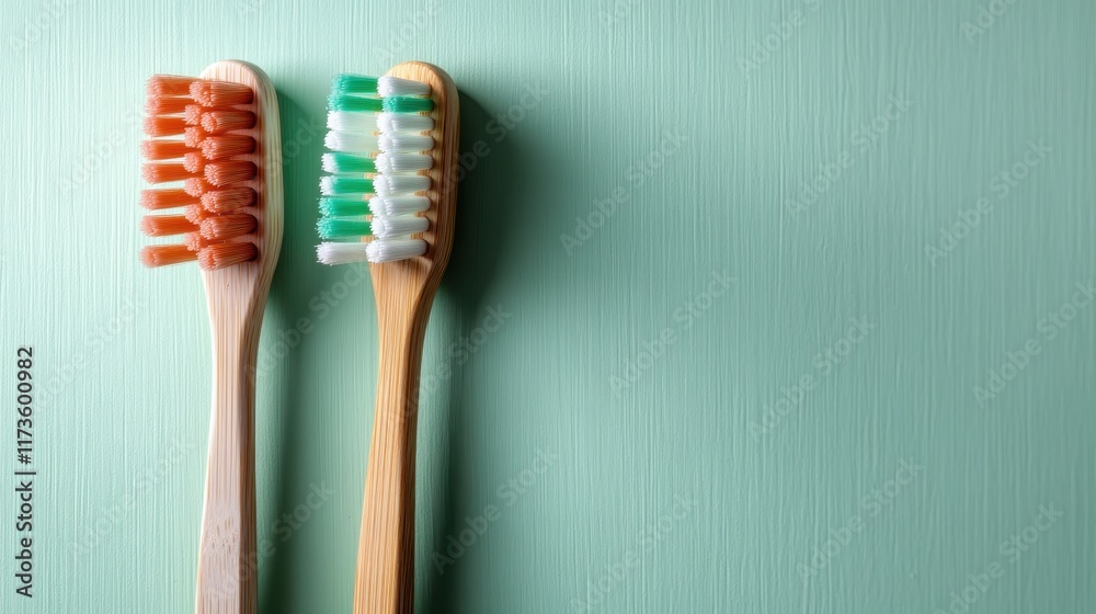 Two bamboo toothbrushes with vibrant bristles are elegantly arranged against a green background, highlighting eco-consciousness, hygiene, and minimalist design in personal care. Two bamboo toothbrushes with vibrant bristles are elegantly arranged against a green background, highlighting eco-consciousness, hygiene, and minimalist design in personal care.