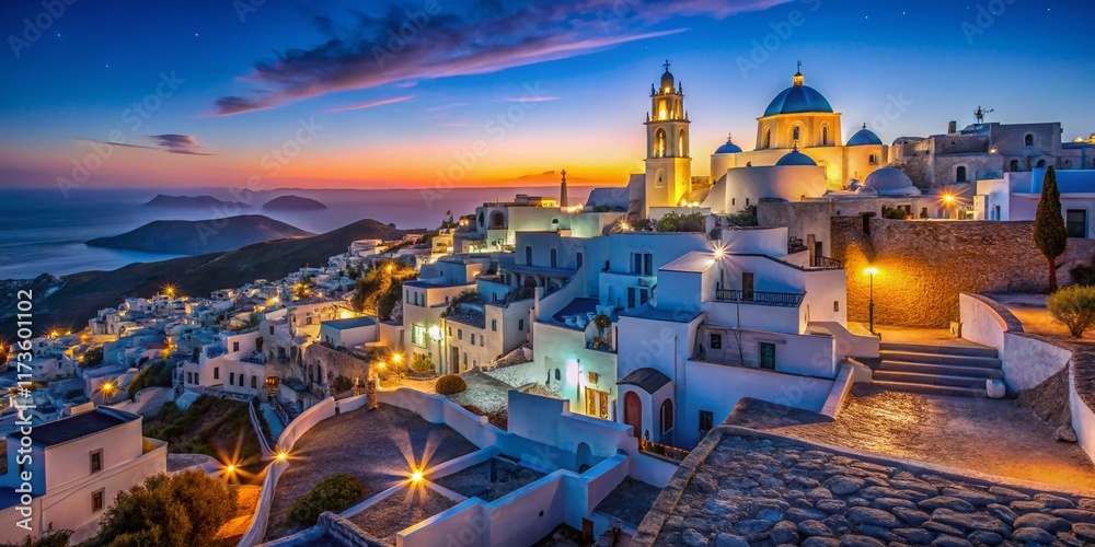 Obraz premium Tinos Island, Greece: Pyrgos Village's Cycladic Architecture at Dusk - Low Light Photography