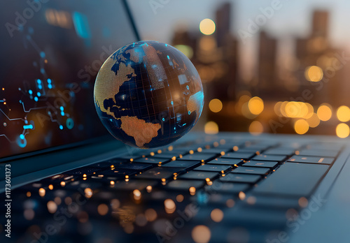 A globe with global network connections floating above the keyboard, symbolizing online connectivity and worldwide internet connection technology  photo