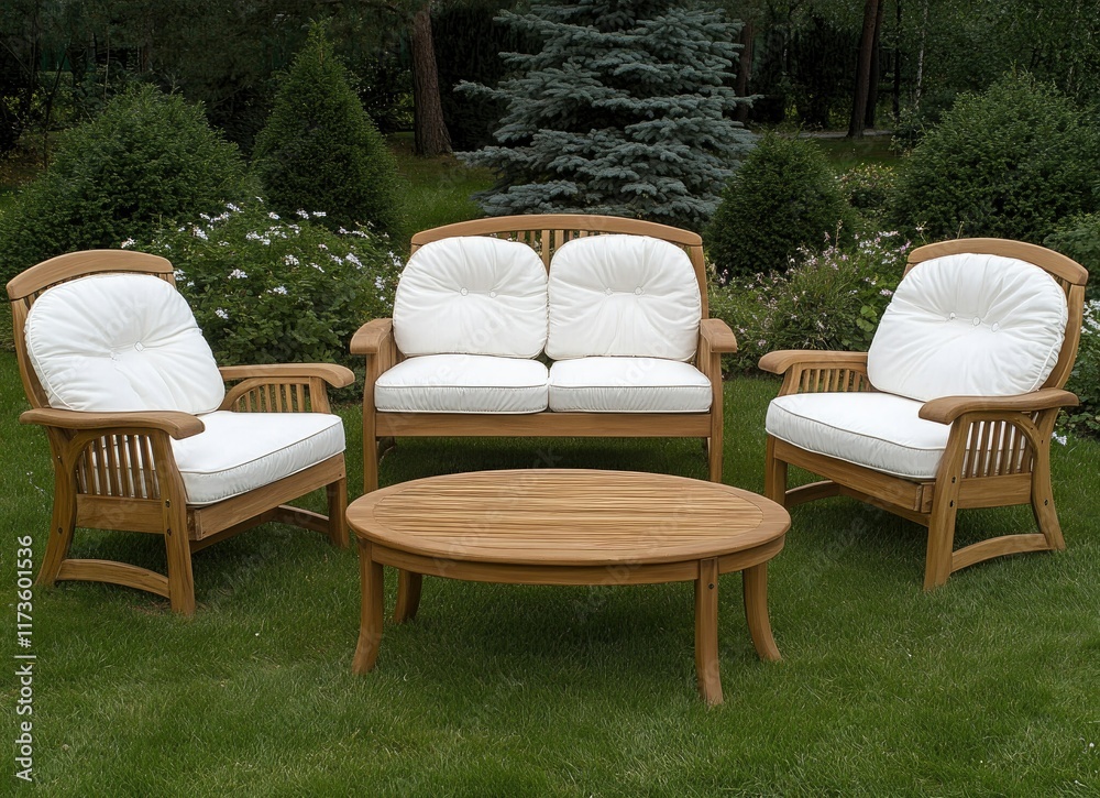 Fototapeta premium Experience the ultimate relaxation with a cozy outdoor seating arrangement featuring beautiful wooden furniture, all set within a tranquil garden oasis