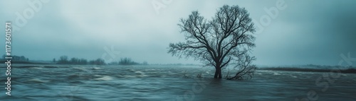 Solitary tree amid flooded landscape under overcast sky.