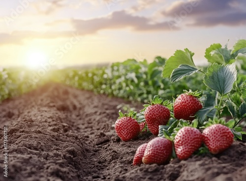 Fresh strawberries lie in fertile soil as the sun rises over a field during early morning hours in a rural landscape photo