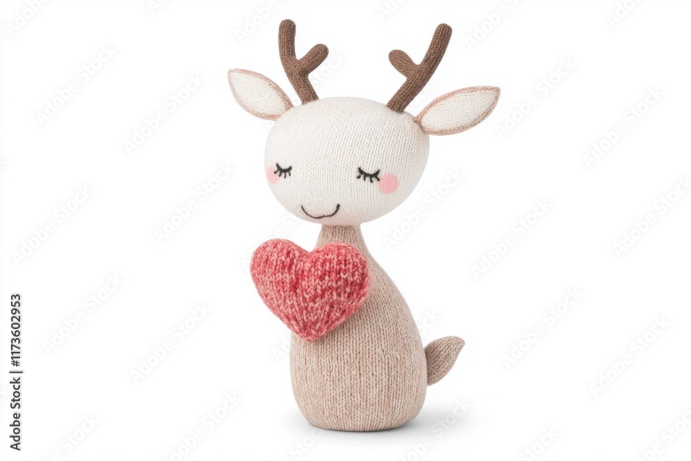 Obraz premium Knitted deer toy holding red heart with cute and cheerful expression
