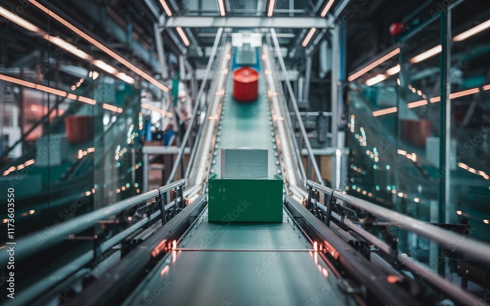 Fototapeta premium Abstract Factory Lighting, production line in an industrial facility, Automated conveyor belt system transporting packages in a modern warehouse.