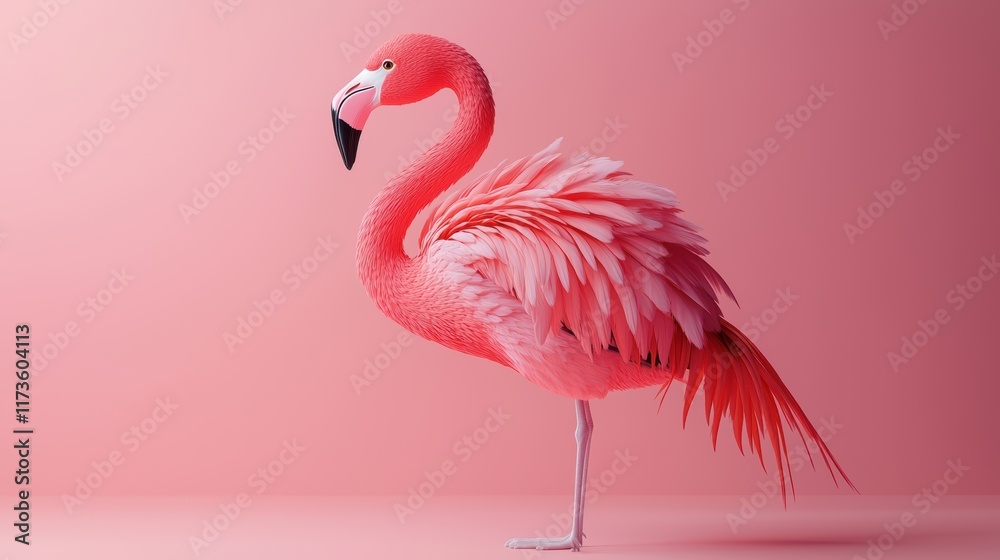 Fototapeta premium Pink Flamingo on Pink Background: A Minimalist Bird Photography