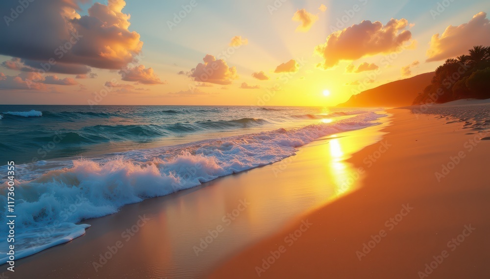 Obraz premium Stock photo showcases a serene beach setting with golden sand rolling waves and a brilliant sunset providing a peaceful and relaxing atmosphere.