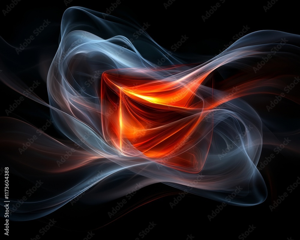 Obraz premium Abstract Fiery Cube in Swirling Smoke Digital Art Energy Technology Background