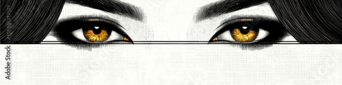Intense Artistic Portrait of Enigmatic Golden Eyes with Dark Hair and Monochrome Details in a Captivating Abstract Style for Visual Inspiration and Creativity