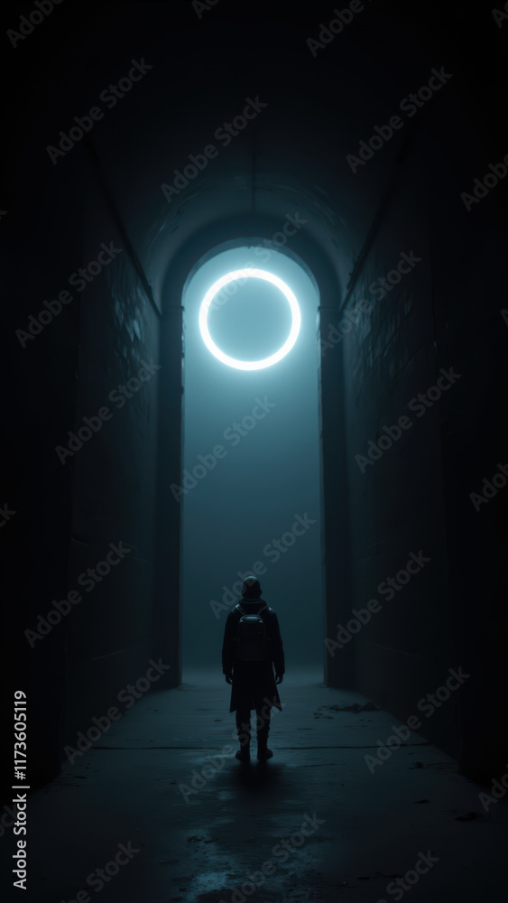 A lone figure walks towards an ominous light at the end of a dark hallway. A lone figure walks towards an ominous light at the end of a dark hallway.