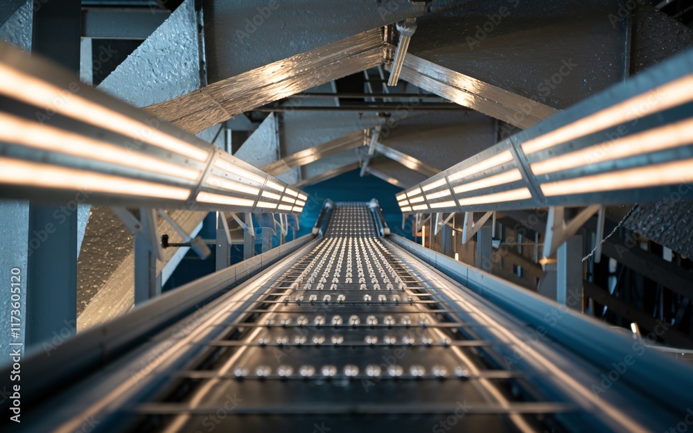 Obraz premium Abstract Factory Lighting, production line in an industrial facility, Illuminated conveyor belt carrying numerous spherical objects.