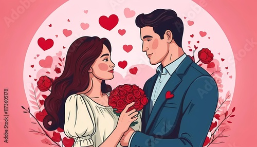 Couple Exchanging Flowers and Holding Hands Illustration for Valentine's Day