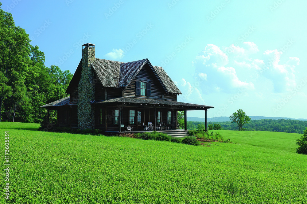 Rustic farmhouse on green hill with valley view, sunny sky Rustic farmhouse on green hill with valley view, sunny sky