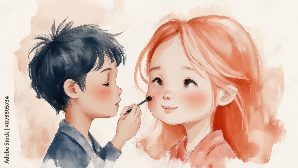 Boy applying makeup, girl, studio, watercolor, love. Boy applying makeup, girl, studio, watercolor, love.