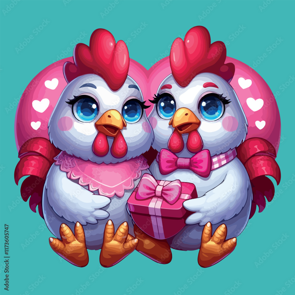 Fototapeta premium Cute Couple Rooster Vector Love Together for Valentine's Day