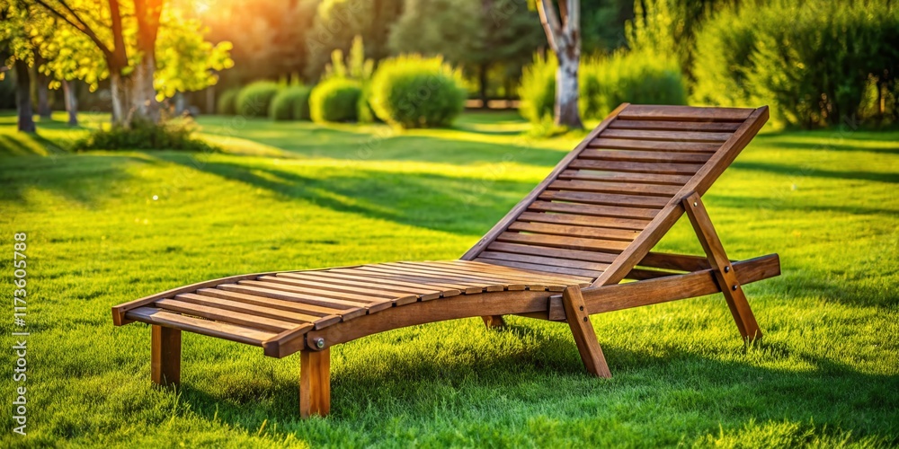 Untreated Wooden Chaise Lounge in Lush Green Garden - Relaxing Summer Scene Untreated Wooden Chaise Lounge in Lush Green Garden - Relaxing Summer Scene