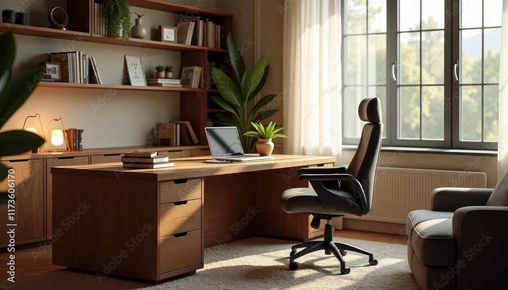 Fototapeta premium Stock photo showcases a cozy home office with a large desk comfortable chair and soft lighting creating an ideal environment for focused work.