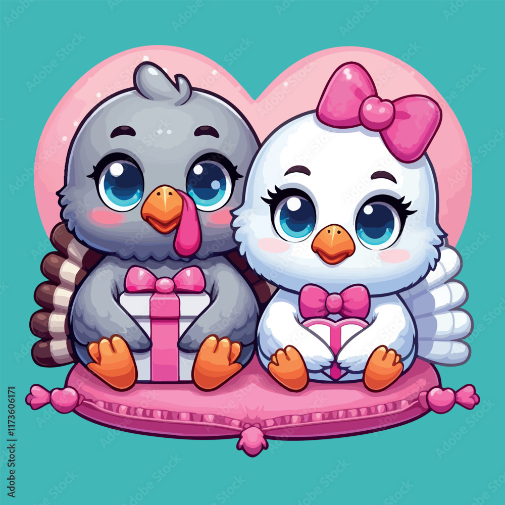 Obraz premium Couple Cute Turkey Vector Love Together for Valentine's Day