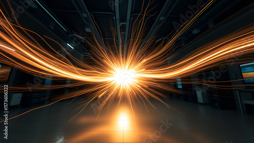 Energy waves pulsing from a central core in a tech lab, dynamic lighting, frontal angle photo