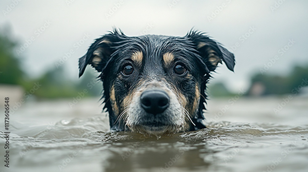 Wet dog swimming lake, overcast day Wet dog swimming lake, overcast day