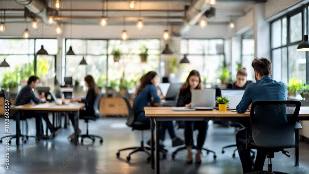 Blurred people silhouettes working together in a luminous workplace, startup modern office room with greenery and warm light