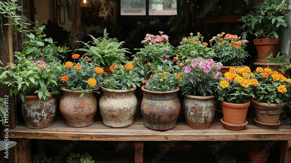 Fototapeta premium Colorful potted flowers on rustic wooden shelf in garden shop, blurred background