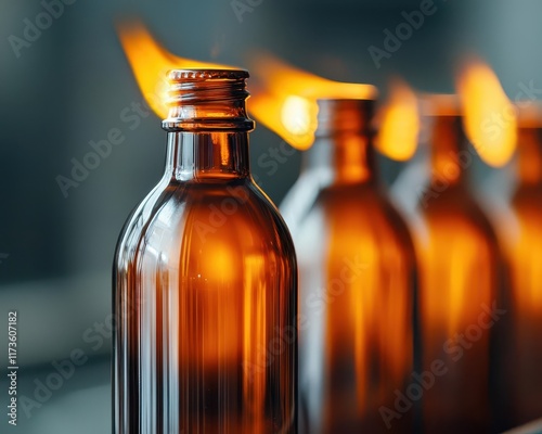 Glass bottles passing through a hightemperature tempering furnace, factory efficiency photo