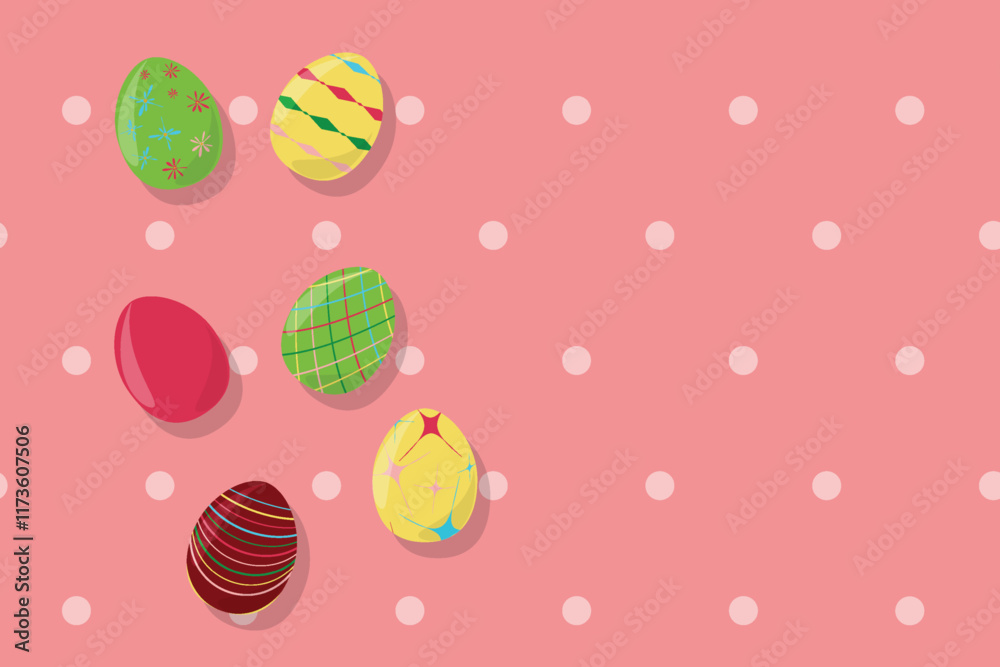 Colored Easter eggs on pink polca dots background Happy Easter Spring holiday concept Greeting card Copy space