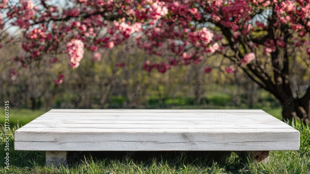 Fototapeta premium An empty white wooden table in front of a blurred spring tree with vibrant spring flower