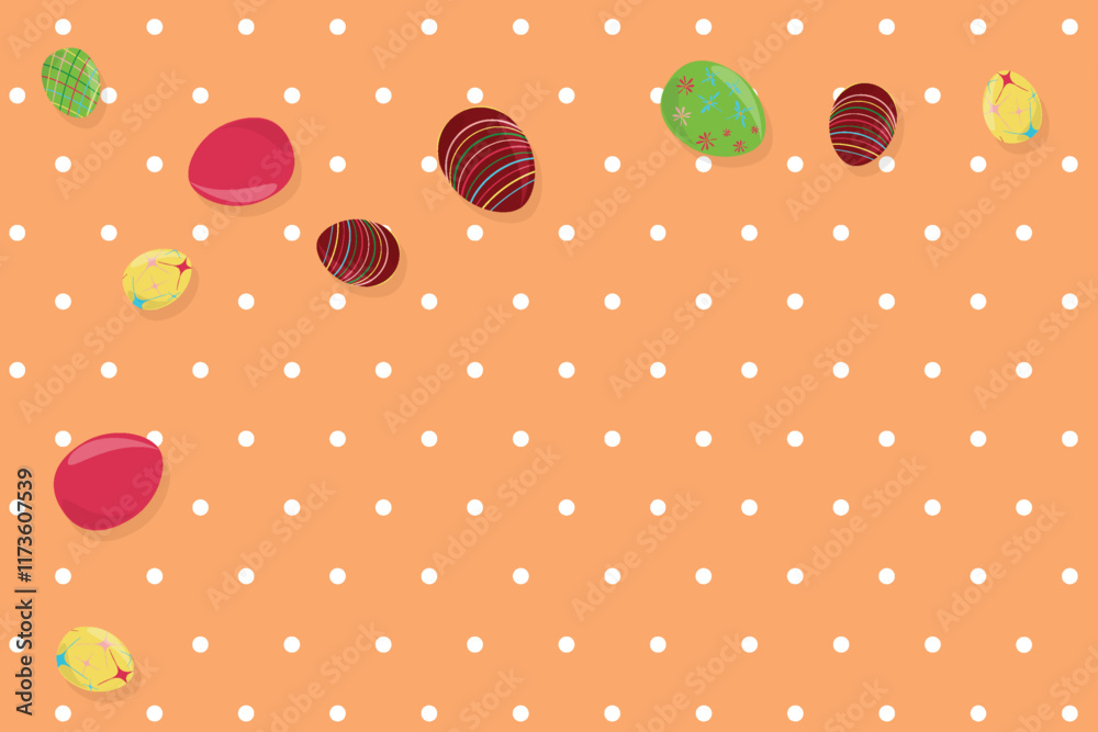 Colored Easter eggs on orange polca dots background Happy Easter Spring holiday concept Greeting card Copy space