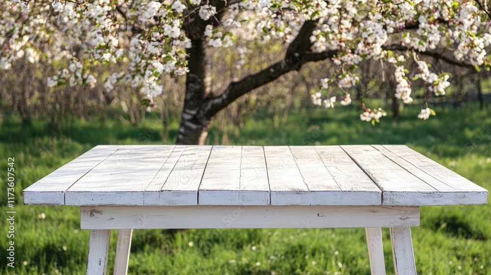 An empty white wooden table in front of a blurred spring tree with vibrant spring flower An empty white wooden table in front of a blurred spring tree with vibrant spring flower