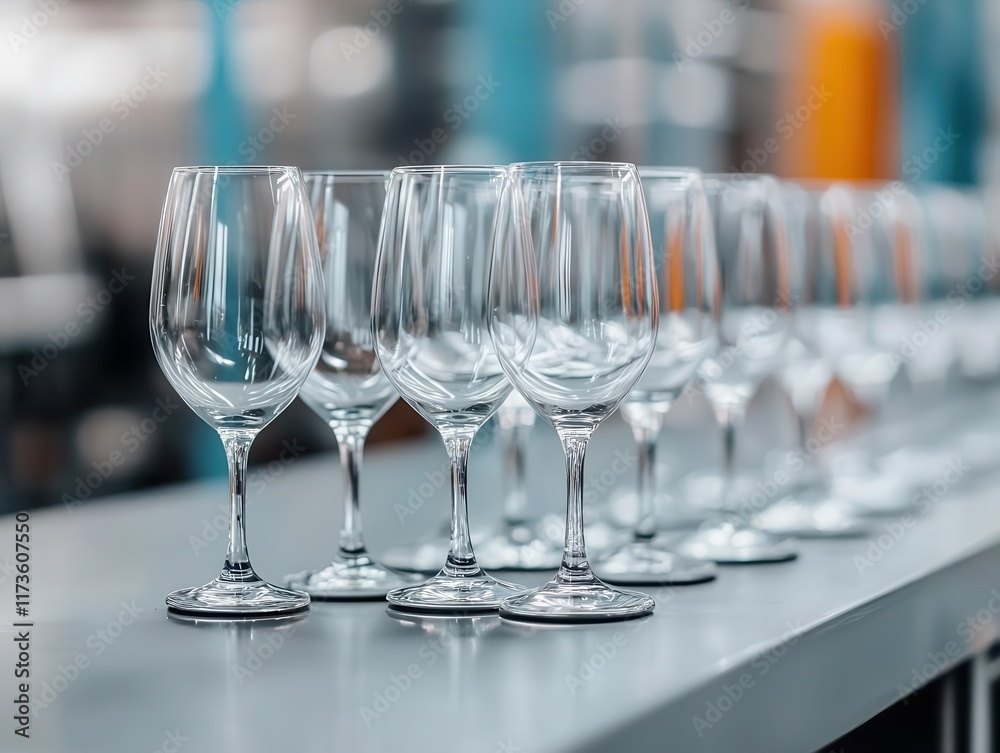 Quality control station inspecting finished glassware, organized factory layout Quality control station inspecting finished glassware, organized factory layout
