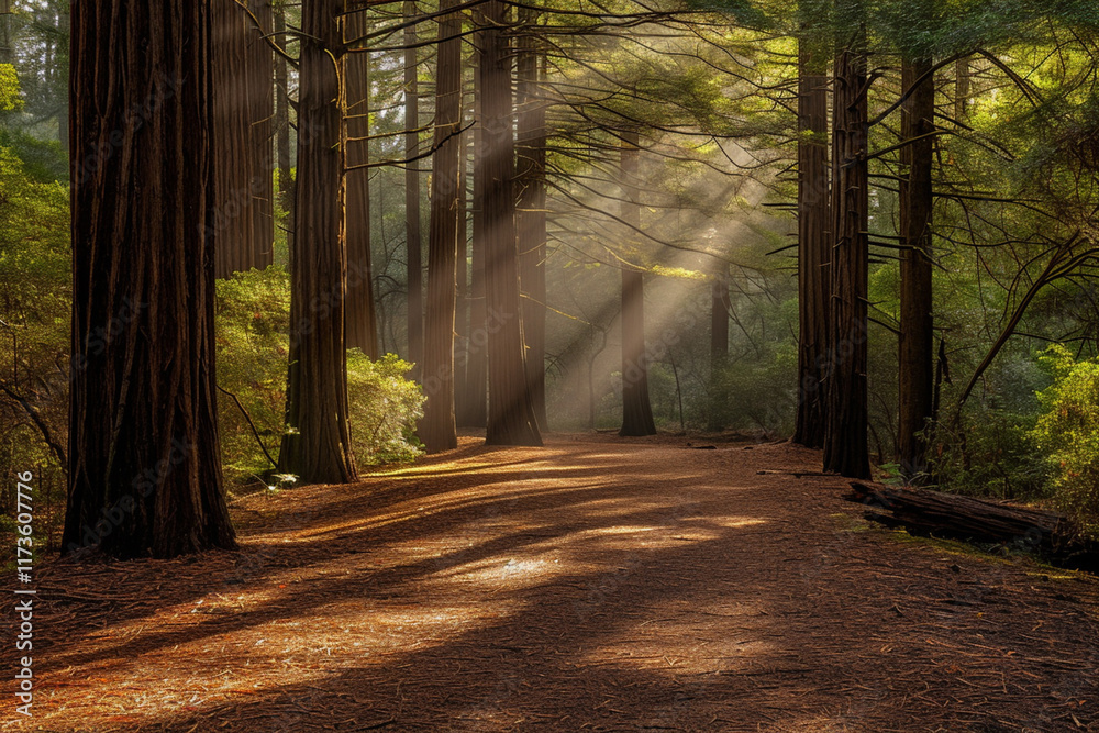 Fototapeta premium pine forest with sun rays breaking through the trees,. 