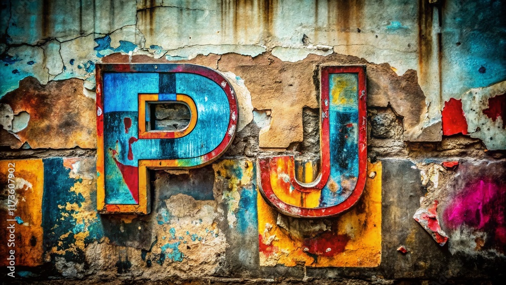 Fototapeta premium Urban Exploration Photography: Abstract PJ Logo Graffiti on Grungy Wall