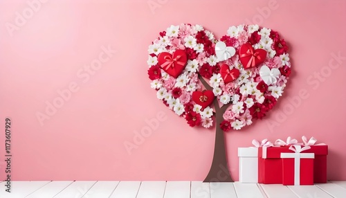 Heart-Shaped Tree with Flowers and Garlands on a Festive Pink, Red, and White Background