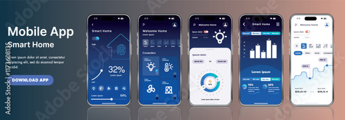 A sleek smart home application interface template featuring modern icons and a gradient design. Includes navigation menus for managing devices, monitoring security, controlling temperature