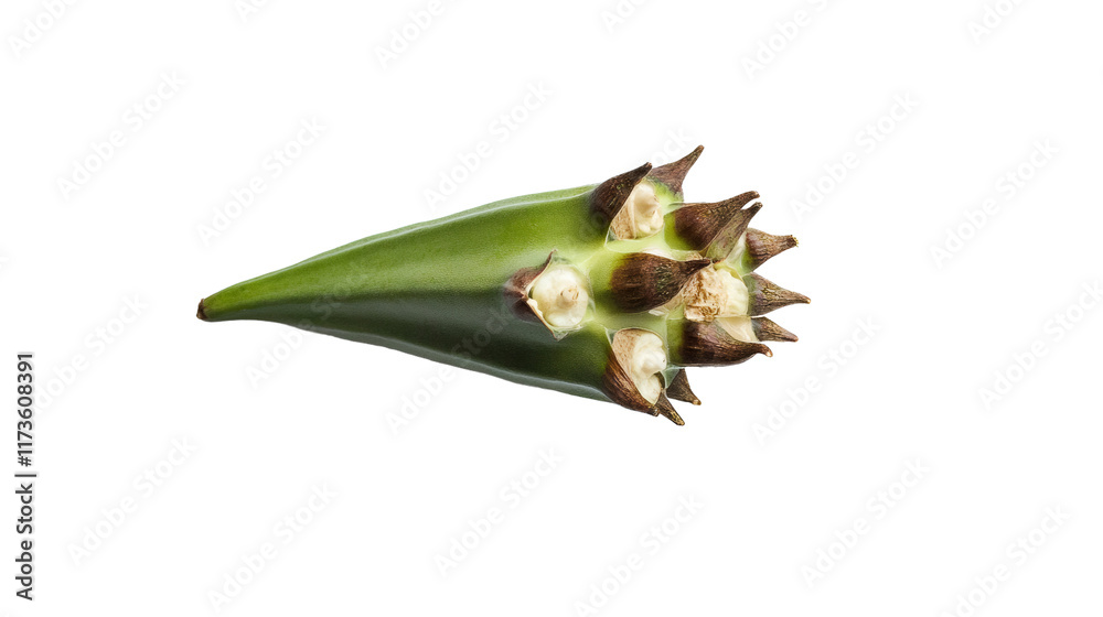 Single okra seed pod on transparent background, showing intricate detail Single okra seed pod on transparent background, showing intricate detail